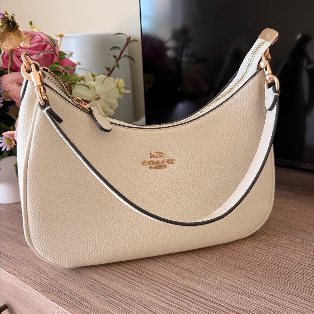 Coach Cream Leather Shoulder Bag with Rose Gold Accents